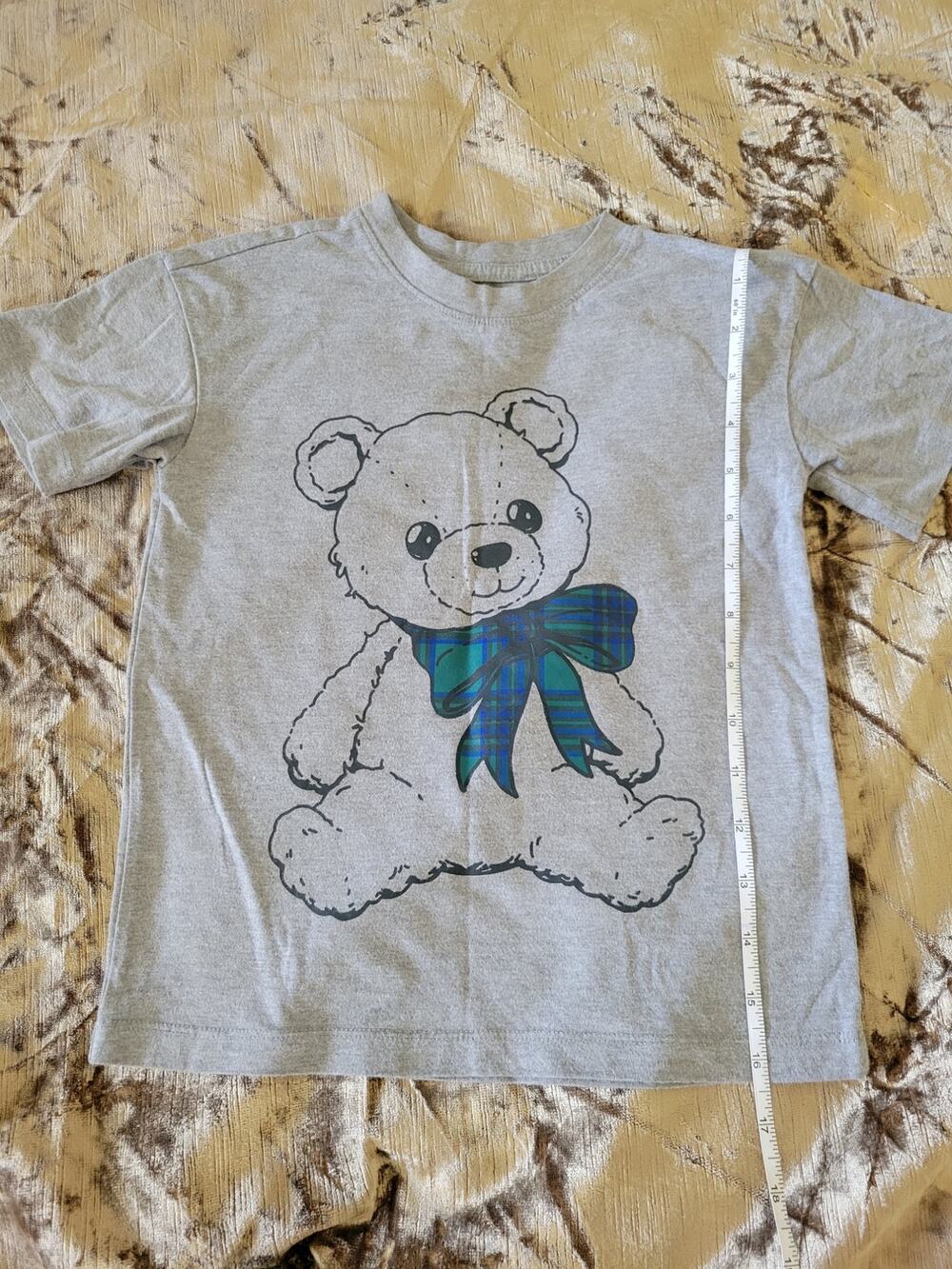 Cat & Jack Kids Heather Gray Teddy Bear Plaid Bow Tie T-Shirt Size XS 4/5